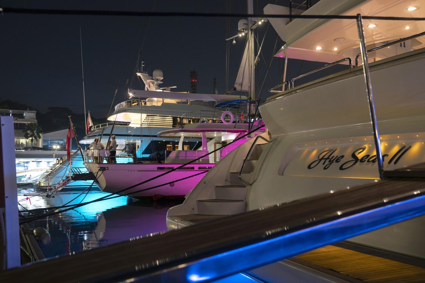 The Azimut 116 Hye Seas II yacht sits moored during the Singapore Yacht Show in 2019