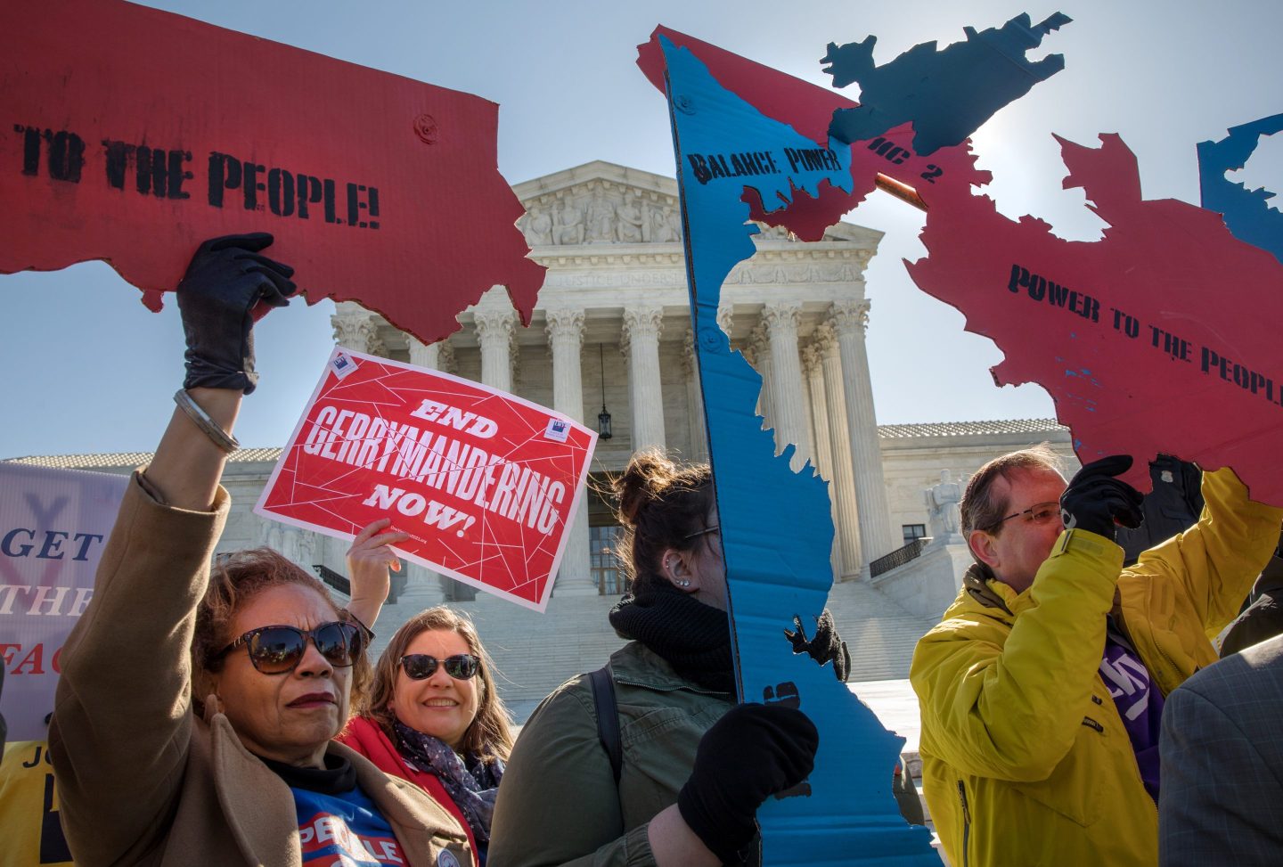 Demonstrators protest against gerrymandering at a rally at the Supreme Court during the gerrymandering cases Lamone v. Benisek
and Rucho v. Common Cause.