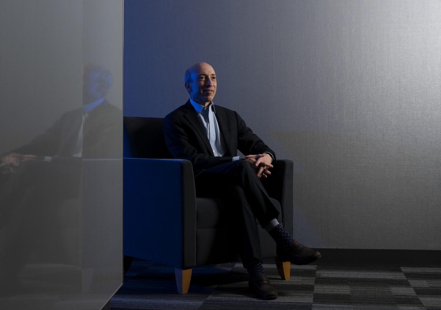 Photo of Gary Gensler sitting down at the U.S. Securities and Exchange Commissions' headquarters in Washington, D.C., on July 22, 2021.