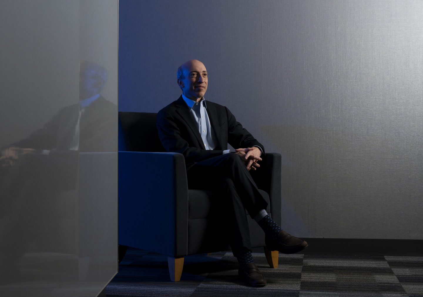 Photo of Gary Gensler sitting down at the U.S. Securities and Exchange Commissions' headquarters in Washington, D.C., on July 22, 2021.
