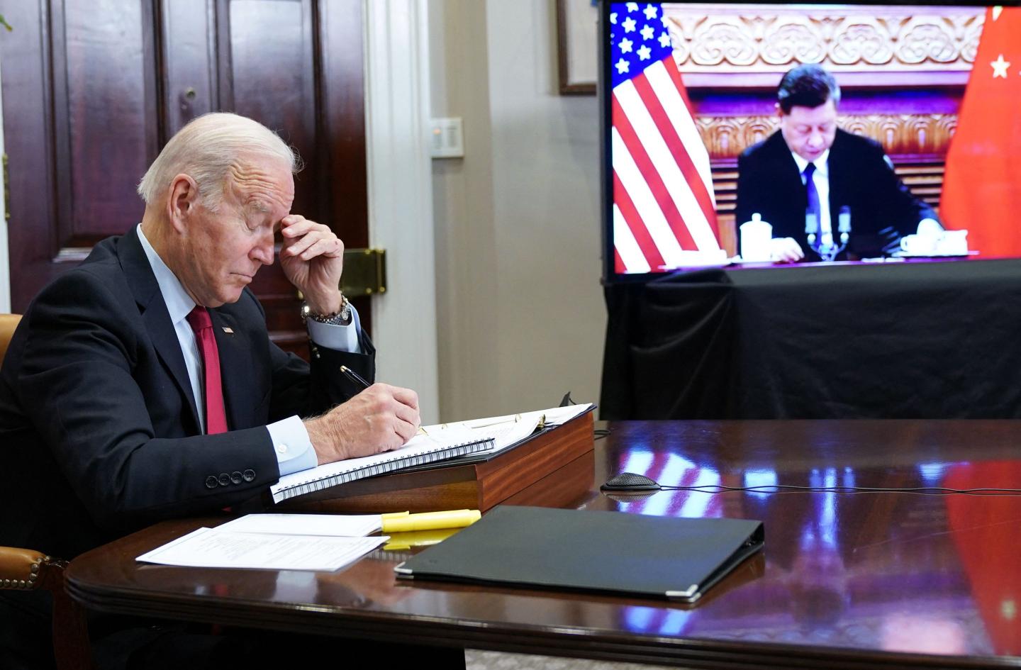 U.S. President Joe Biden meets virtually with China's President Xi Jinping on Nov. 15, 2021. The two leaders spoke again on Thursday.