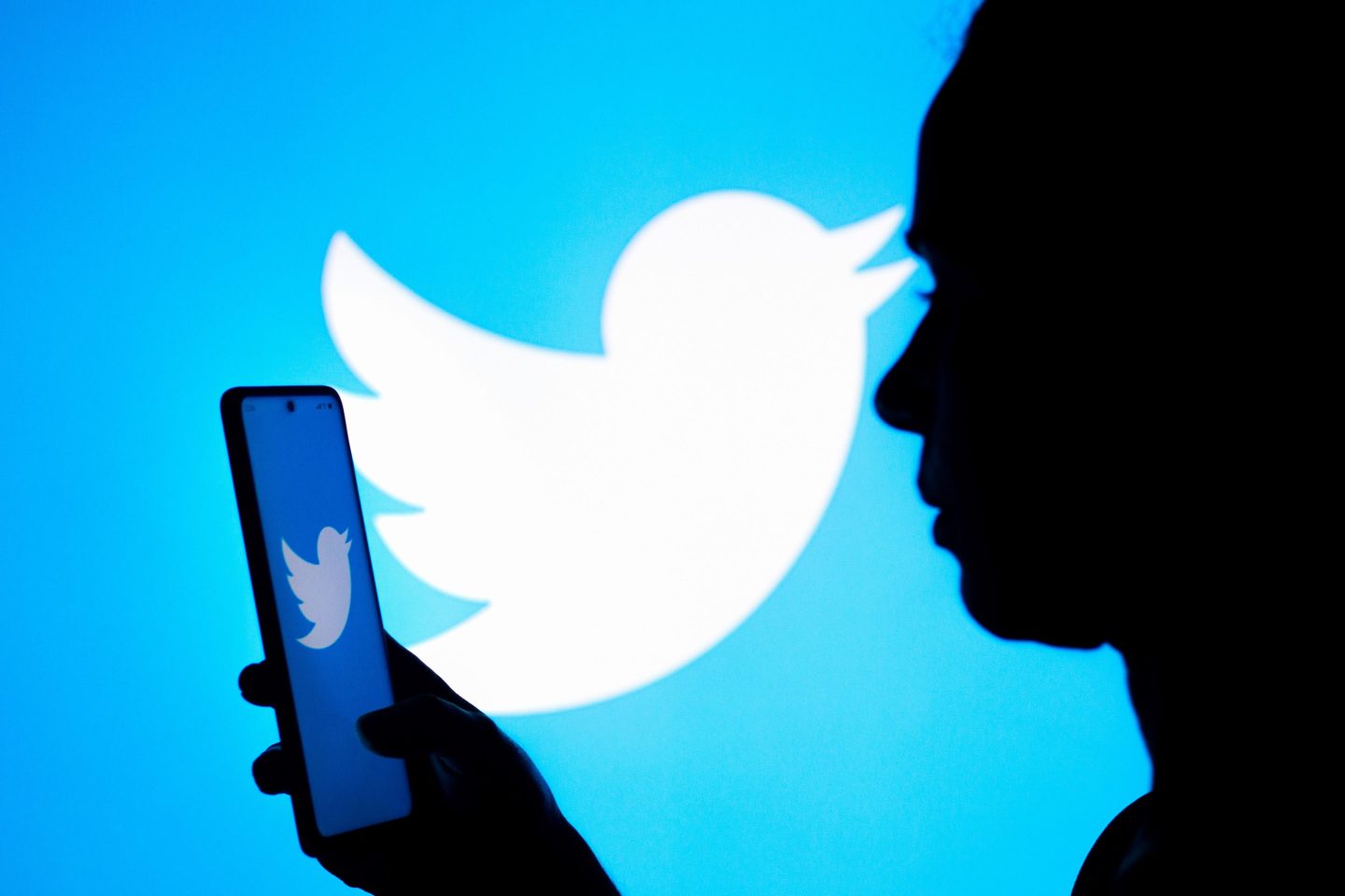 A woman's silhouette holds a smartphone with the Twitter logo displayed on the screen and in the background.