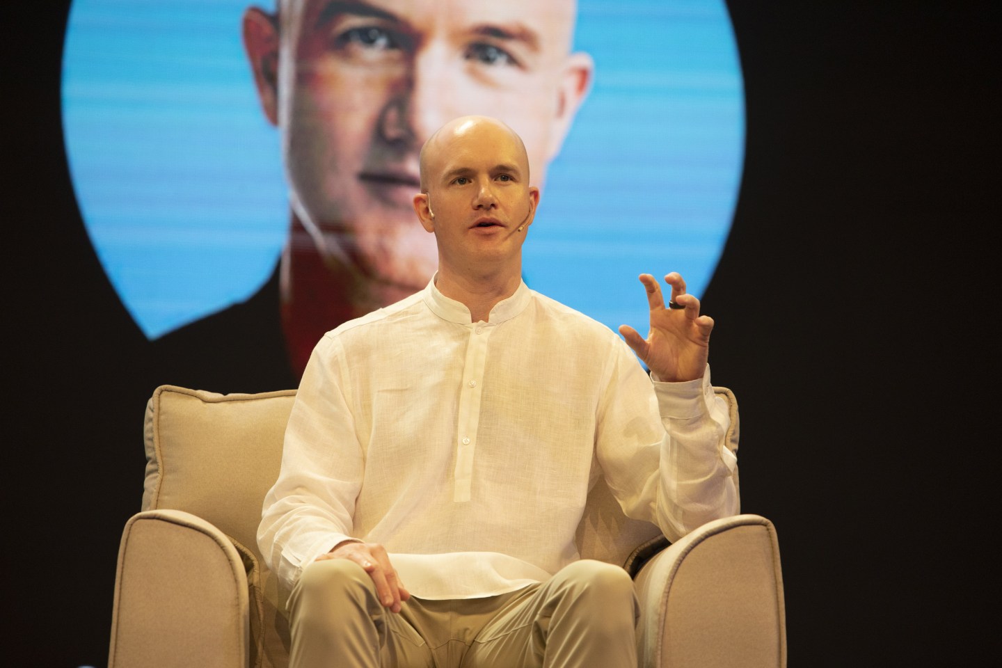 Brian Armstrong, chief executive officer of Coinbase Global, speaks at a company event in Bengaluru, India, on April 7, 2022.
