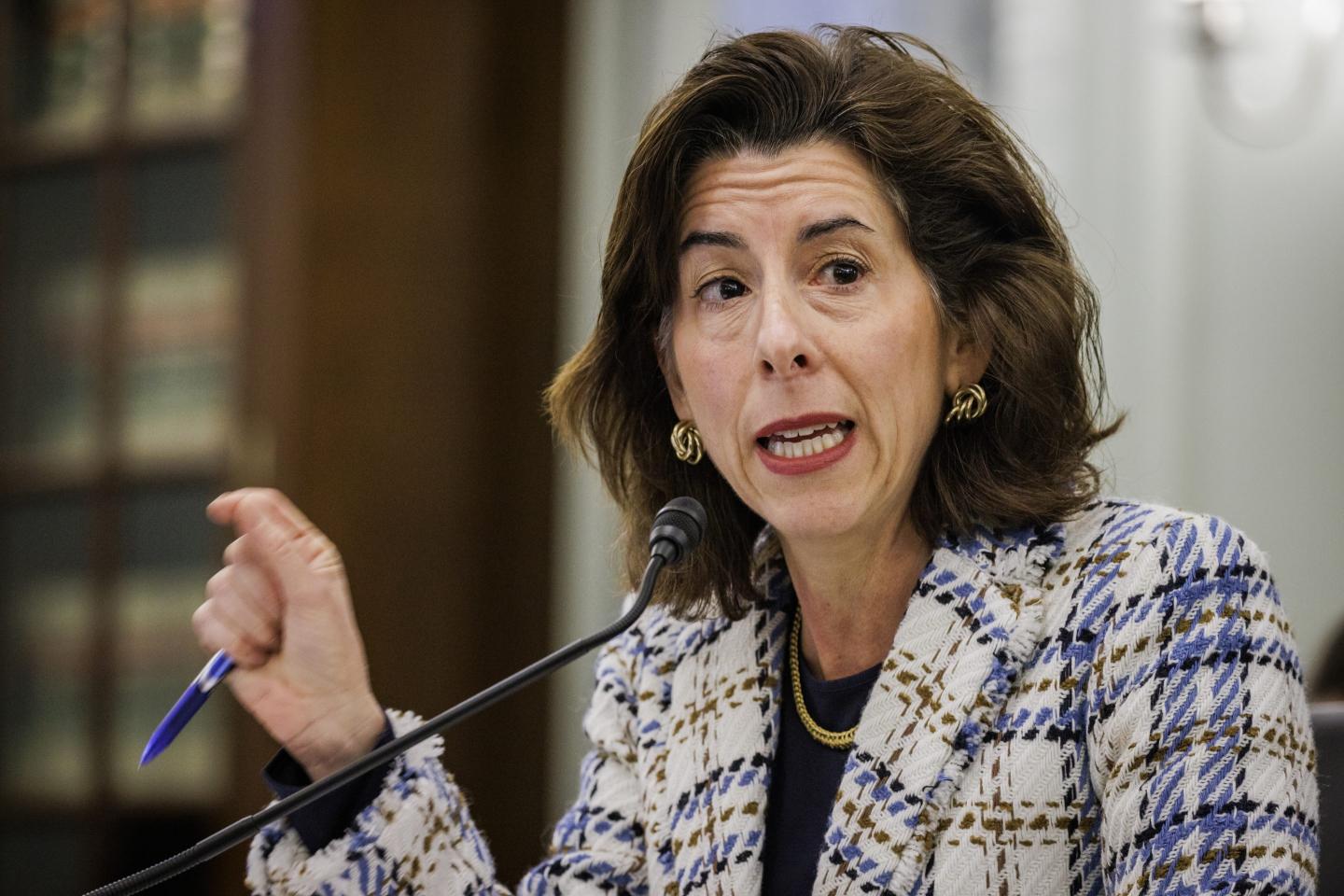 Gina Raimondo, U.S. commerce secretary, speaks during a Senate Commerce, Science and Transportation Committee hearing in Washington, D.C., U.S., on Wednesday, April 27, 2022.