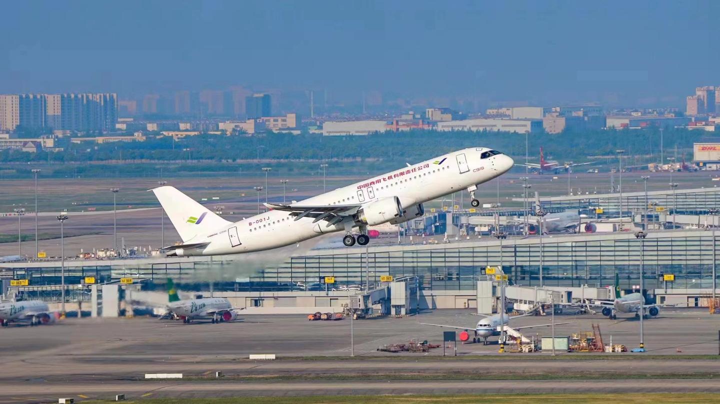 The first C919 large passenger aircraft to be delivered to be delivered completes a successful maiden test flight off from Shanghai's Pudong International Airport on May 14, 2022.