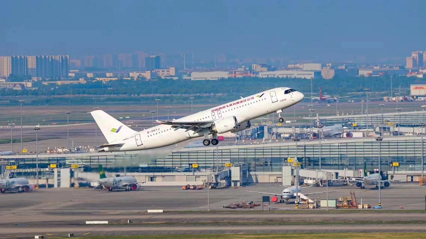 The first C919 large passenger aircraft to be delivered to be delivered completes a successful maiden test flight off from Shanghai's Pudong International Airport on May 14, 2022.