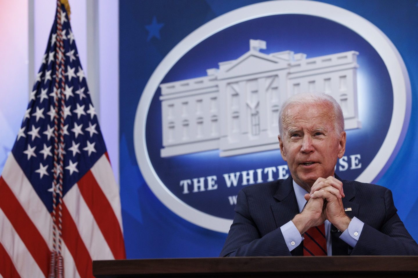 U.S. President Joe Biden speaks while meeting virtually with governors in the Eisenhower Executive Office Building in Washington, D.C. on July 1.