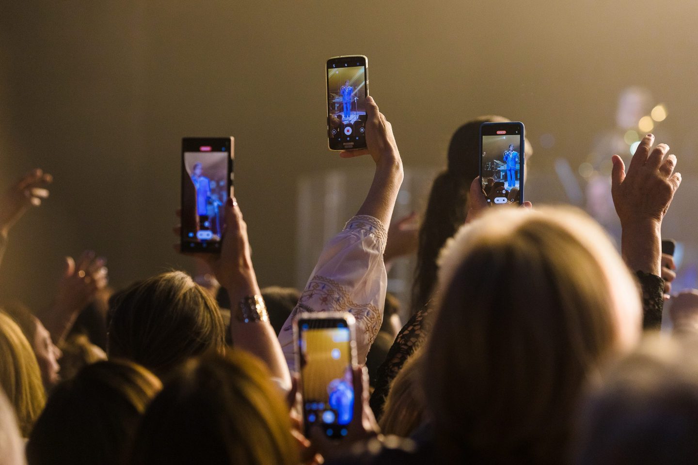 Audience during Roberto Carlos concert with cell phones recording and live with facebook live, instagram, igtv, snapchat and tiktok at Vibra Sao Paulo on July 27th in Sao Paulo.