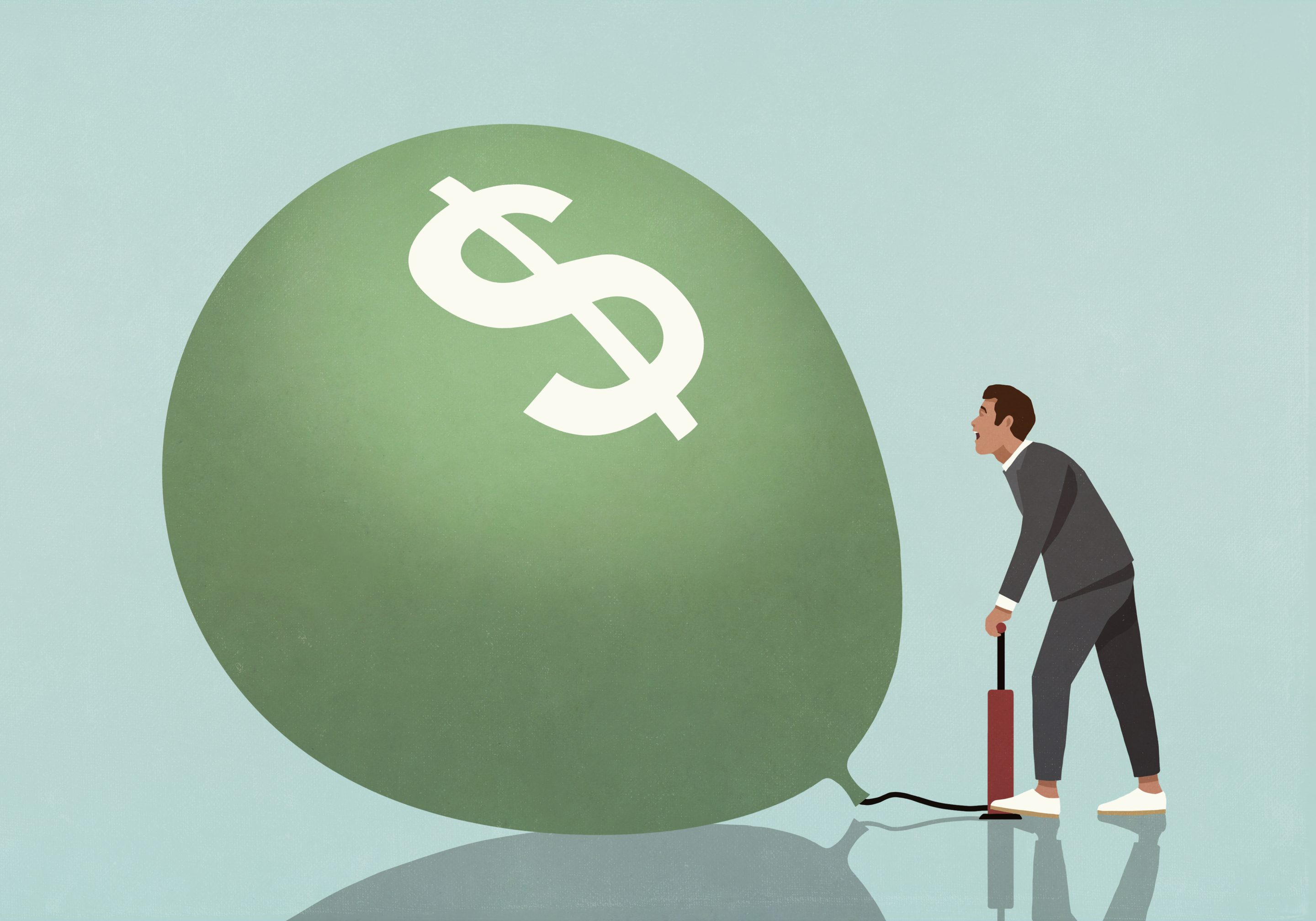 A man inflates a balloon with a dollar sign on it, representing inflation.
