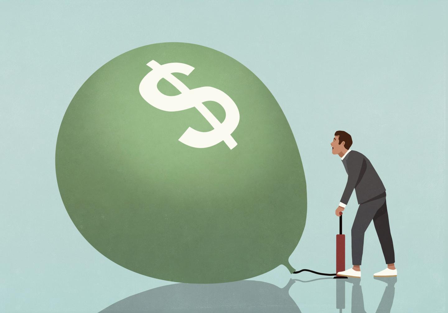 A man inflates a balloon with a dollar sign on it, representing inflation.