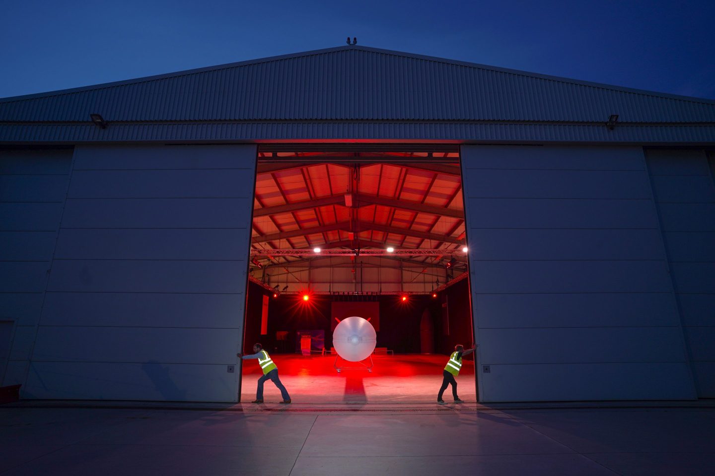 The Virgin Orbit Launcher One rocket in its hanger at Newquay Airport on Aug. 10, 2021, in Newquay, England.