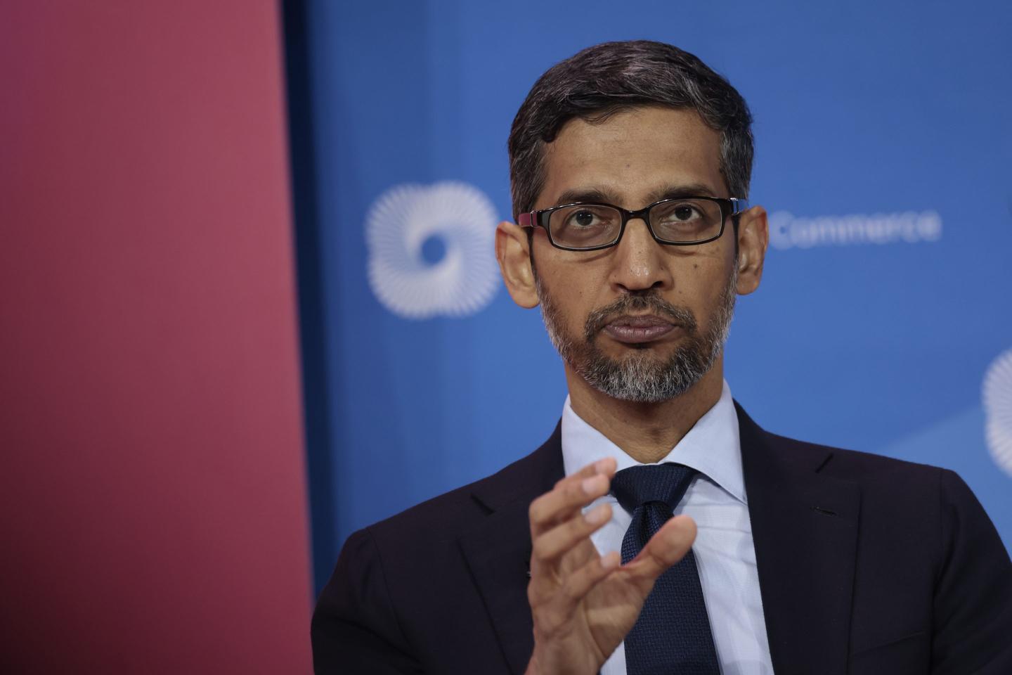 Google CEO Sundar Pichai speaks at a panel at the CEO Summit of the Americas hosted by the U.S. Chamber of Commerce on June 9, 2022 in Los Angeles, Calif. 