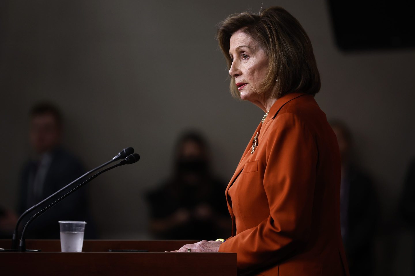 Speaker of the House Nancy Pelosi (D-CA) talks to reporters minutes after the U.S. Supreme Court struck down Roe v Wade, which guaranteed a woman's right to an abortion, in the Capitol Visitors Center on June 24in Washington, DC.
