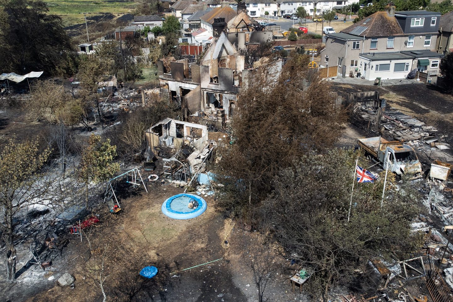 An aerial view of the destruction on July 20 after a series of fires broke out across England as the U.K. experienced a record-breaking heatwave.