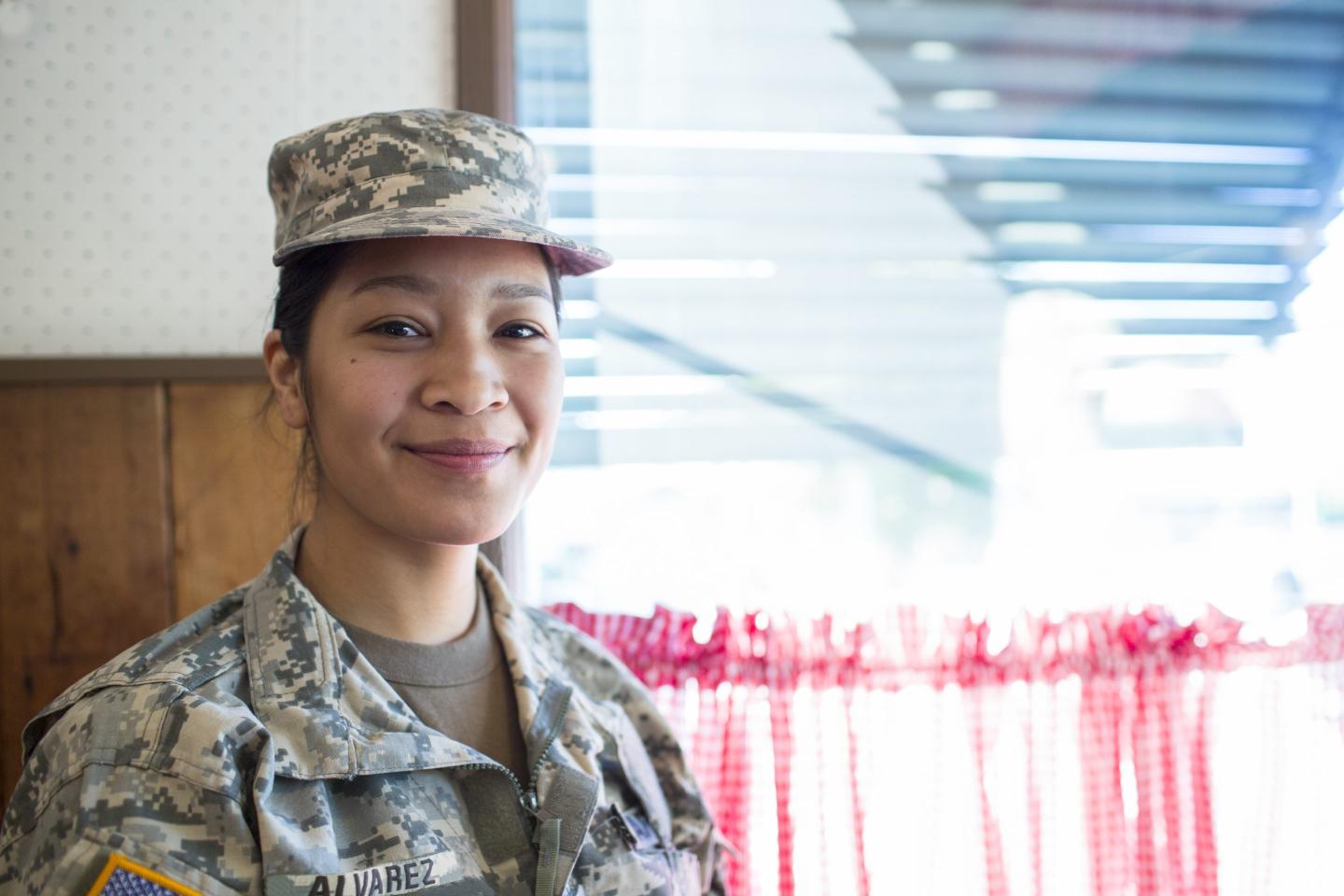 Portrait of Army Woman in Coffee Shop