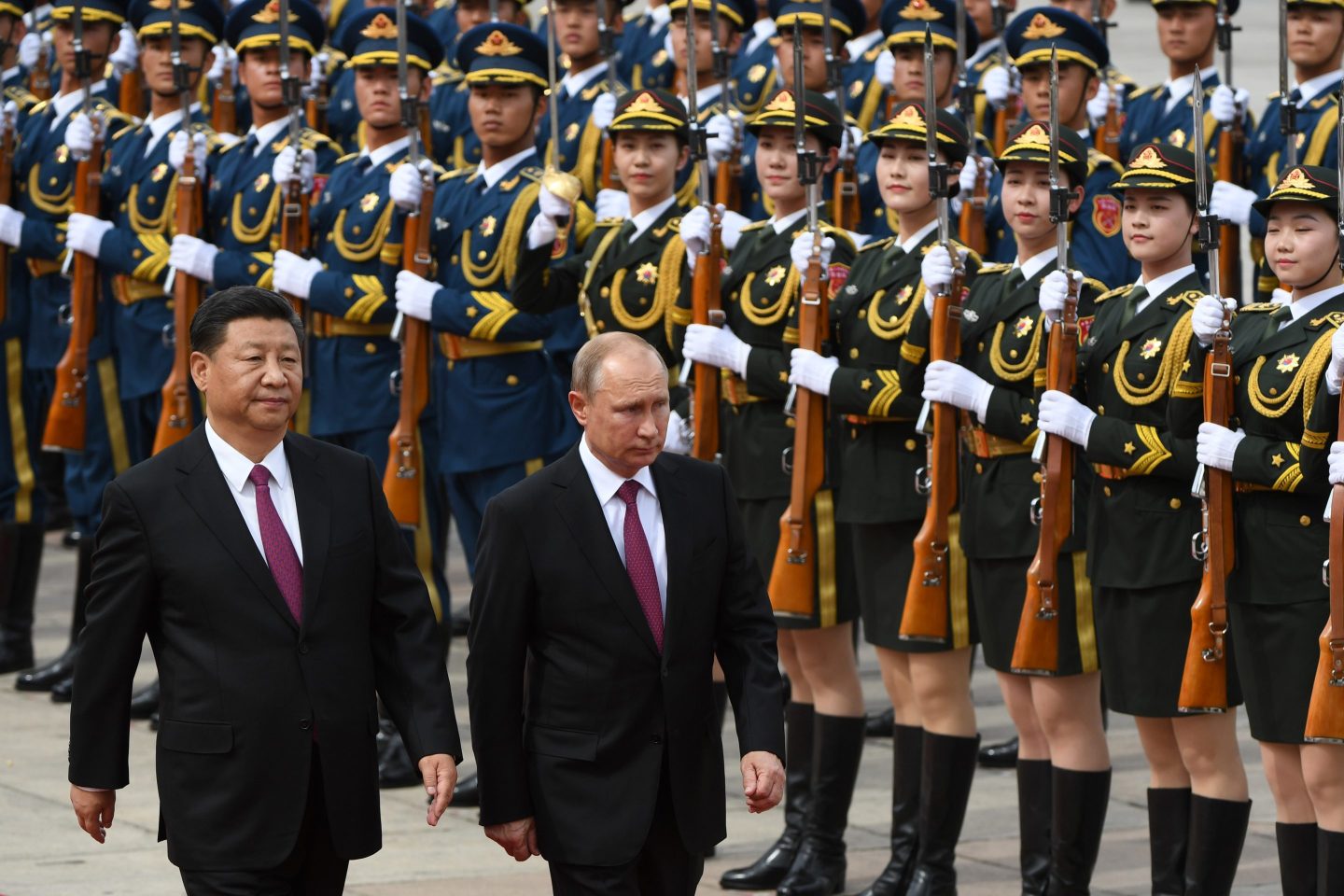 Photo of Chinese President Xi Jinping and Russian President Vladimir Putin during a military welcoming ceremony in Beijing in June 2018.