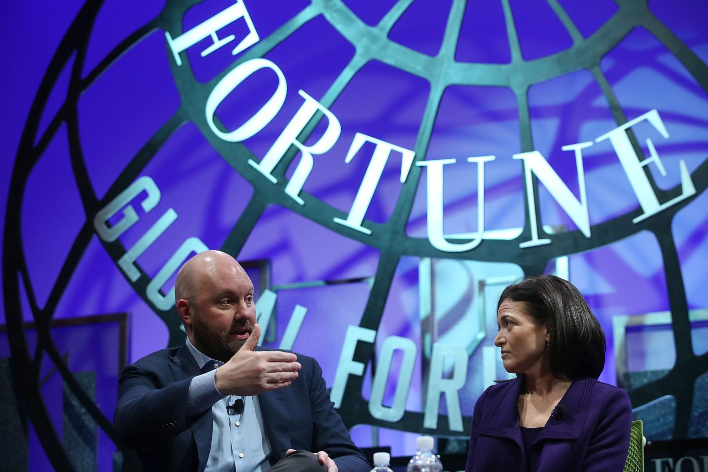 a16z's Marc Andreessen and former Facebook COO Sheryl Sandberg at the 2015 Fortune Global Forum.