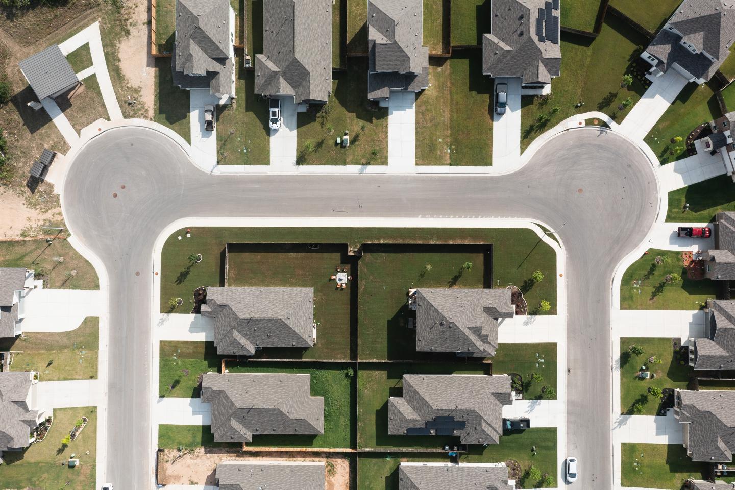 An aerial view of a residential neighborhood in Austin