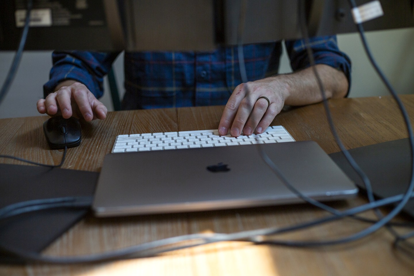A person works from home in a cabin in Truckee, California.