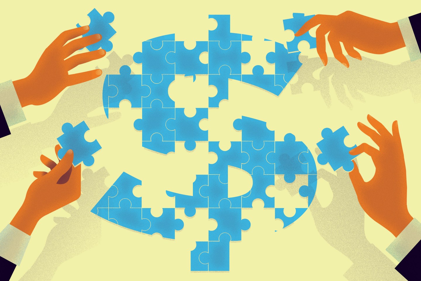 Hands arranging puzzle pieces in the shape of money symbol