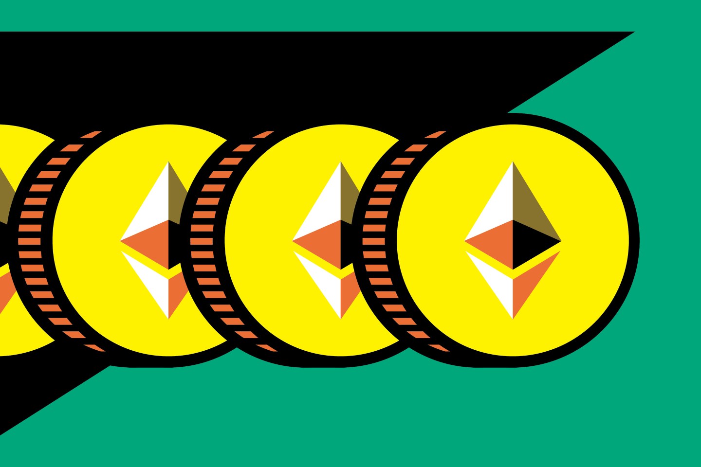 Ethereum, Ether, coins on green background