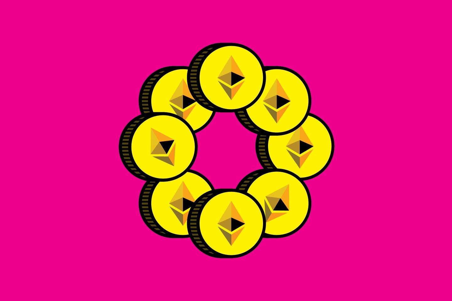 Ethereum, Ether, coins on pink background