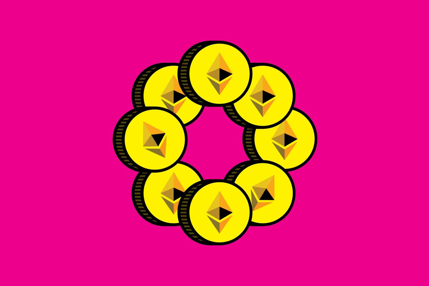 Ethereum, Ether, coins on pink background