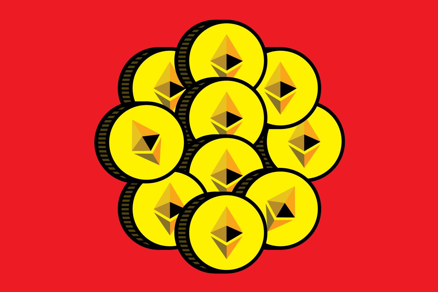 Ethereum, Ether tokens on red background
