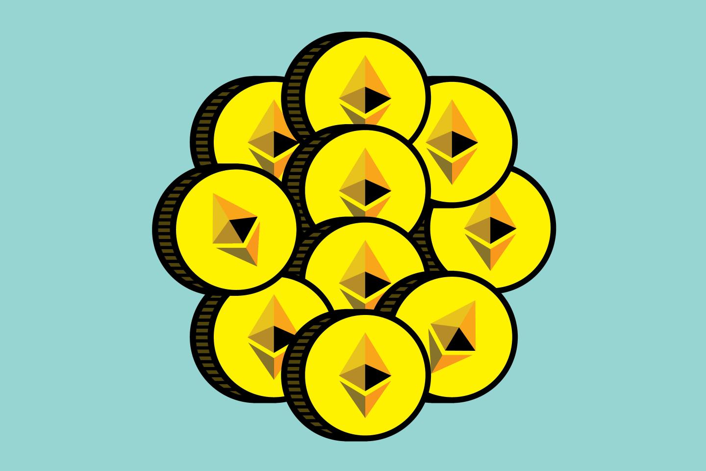 Ethereum, ether coins on blue background