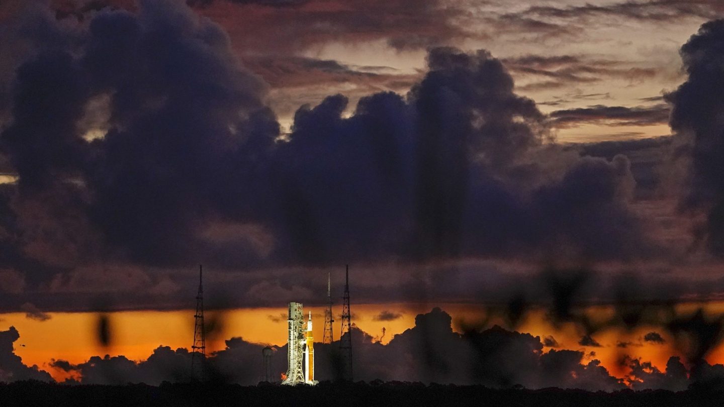 The NASA moon rocket stands ready at sunrise on Pad 39B before the Artemis 1 mission to orbit the moon at the Kennedy Space Center on Aug. 29 in Cape Canaveral, Fla.