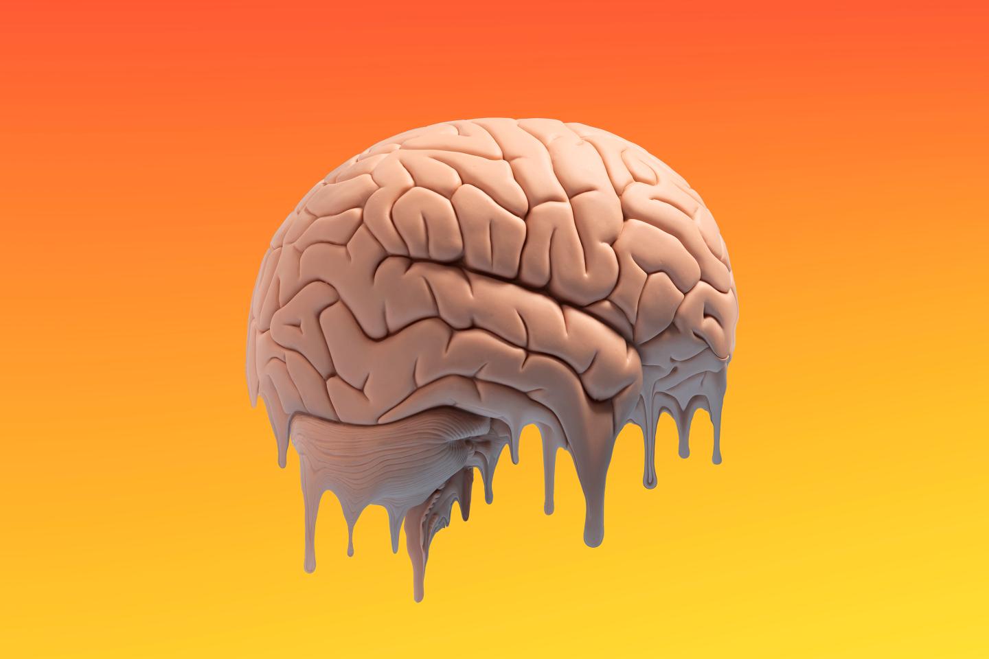 Side view human brain model in mid air on orange and yellow background melting from the bottom