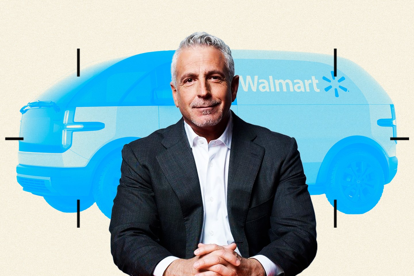 Photo illustration of Canoo CEO Tony Aquila in front of Canoo's EV van with Walmart logo.