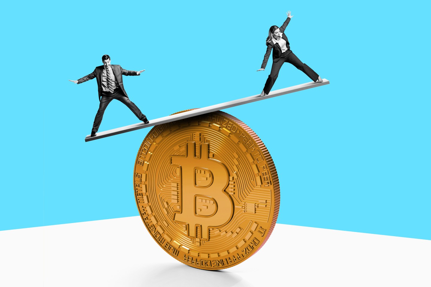 A man and a woman balancing on a Bitcoin