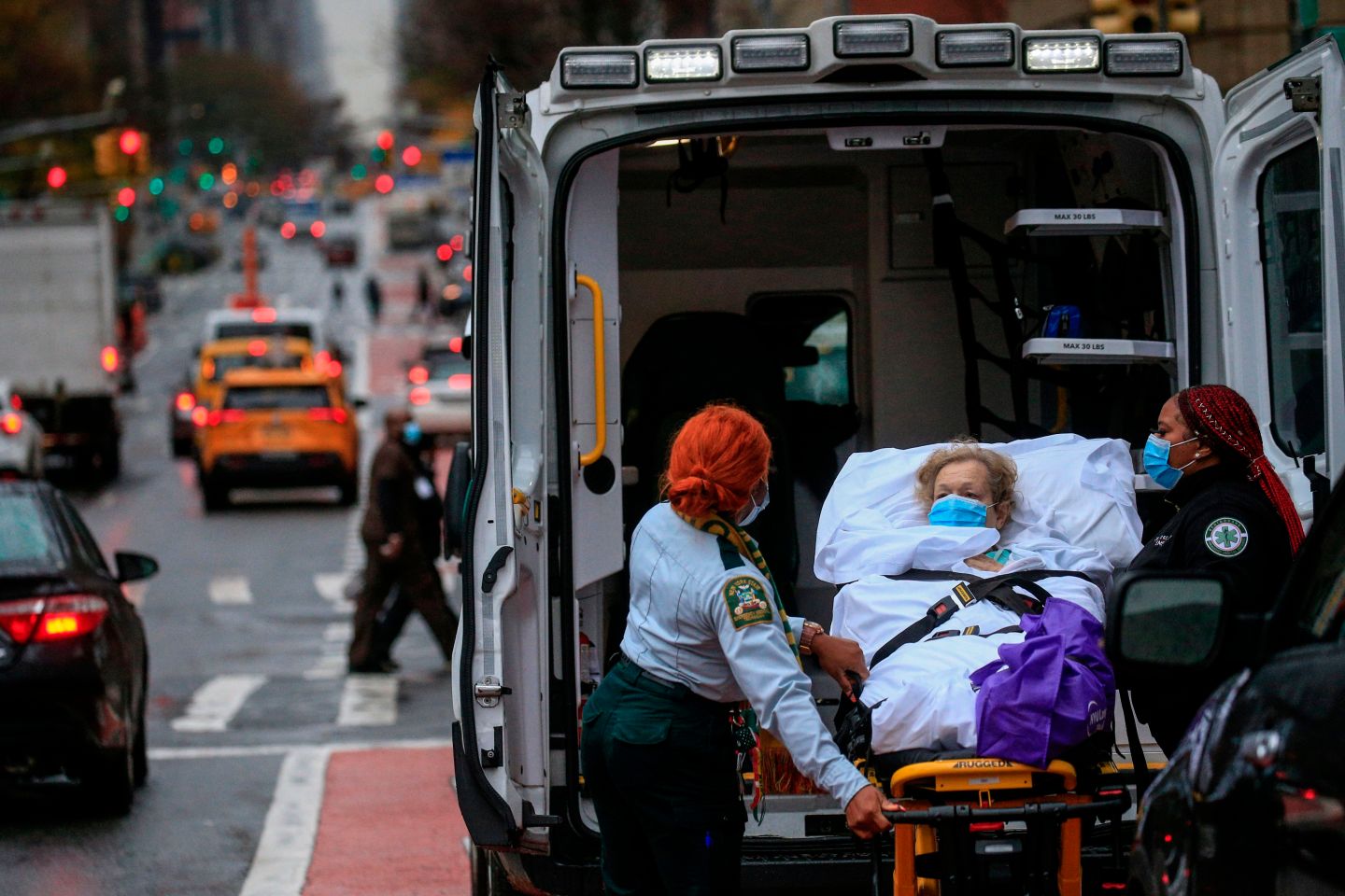 A patient is transported outside of Tisch Hospital in New York on November 13, 2020. New York saw a bigger decline in life expectancy in 2020 than any other state. 