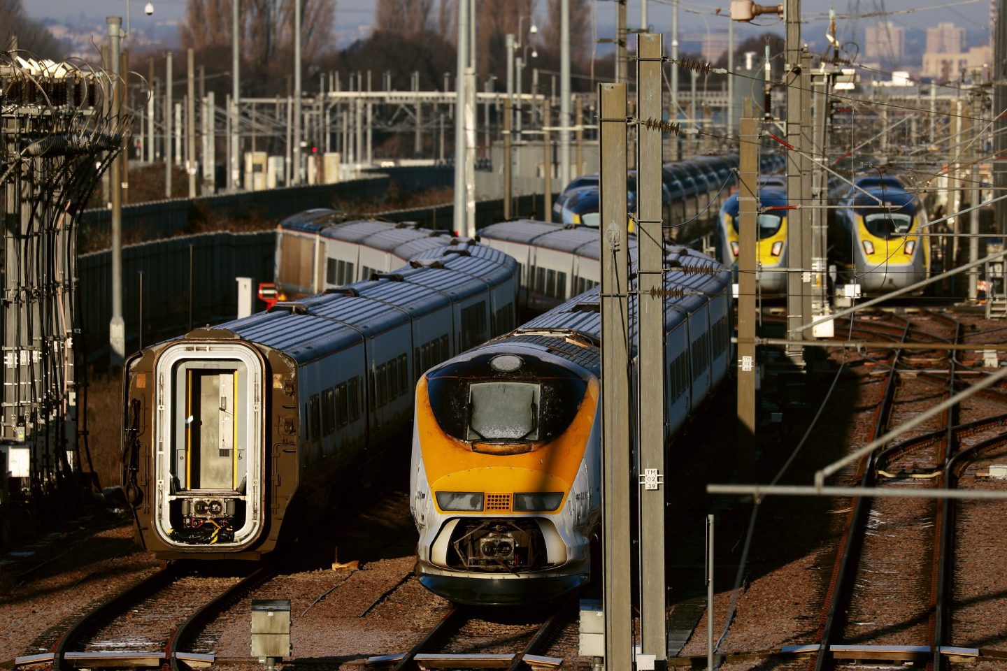 Passenger trains operated by Eurostar at a London trainyard in 2021.