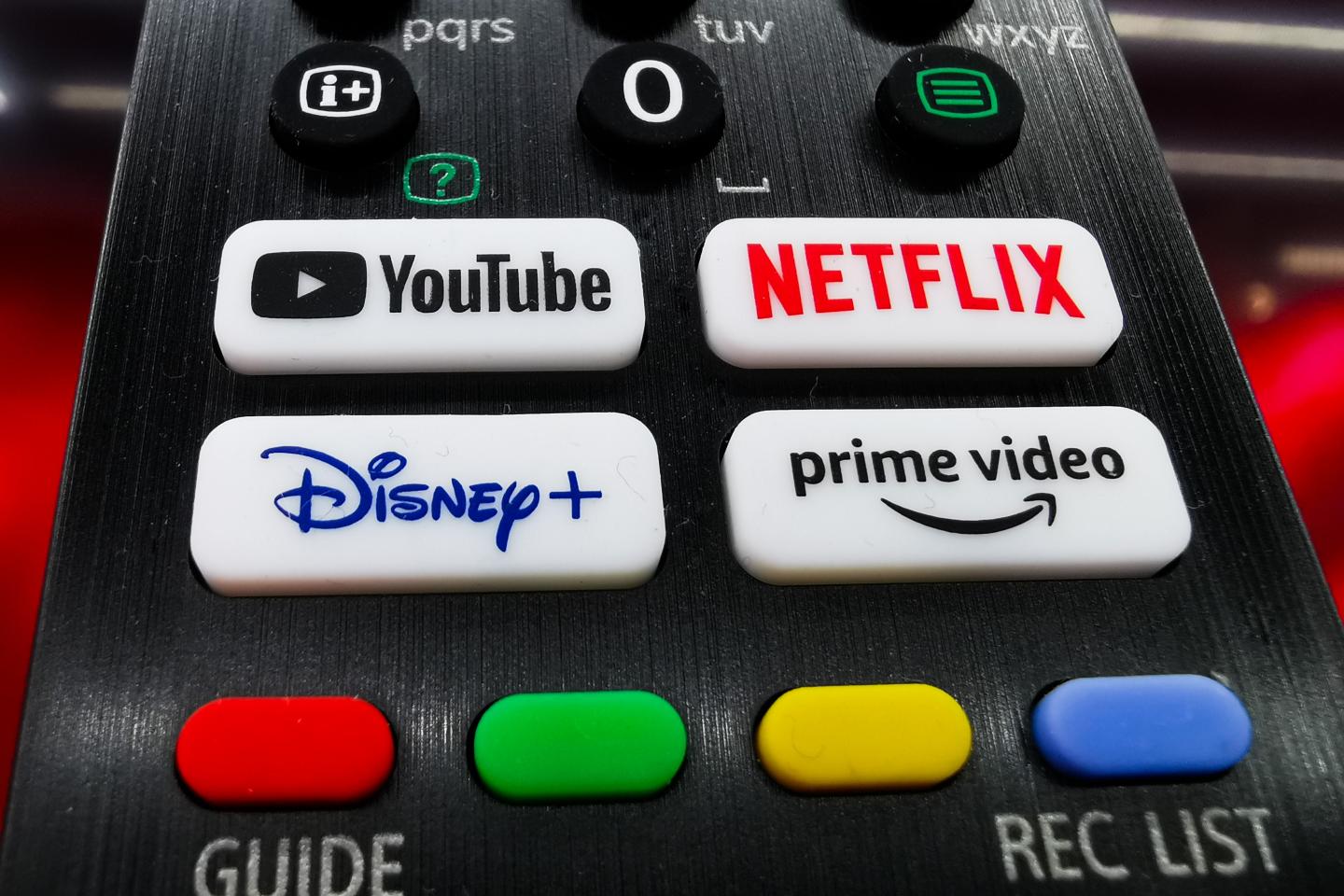 A detail of TV remote control with streaming platform buttons