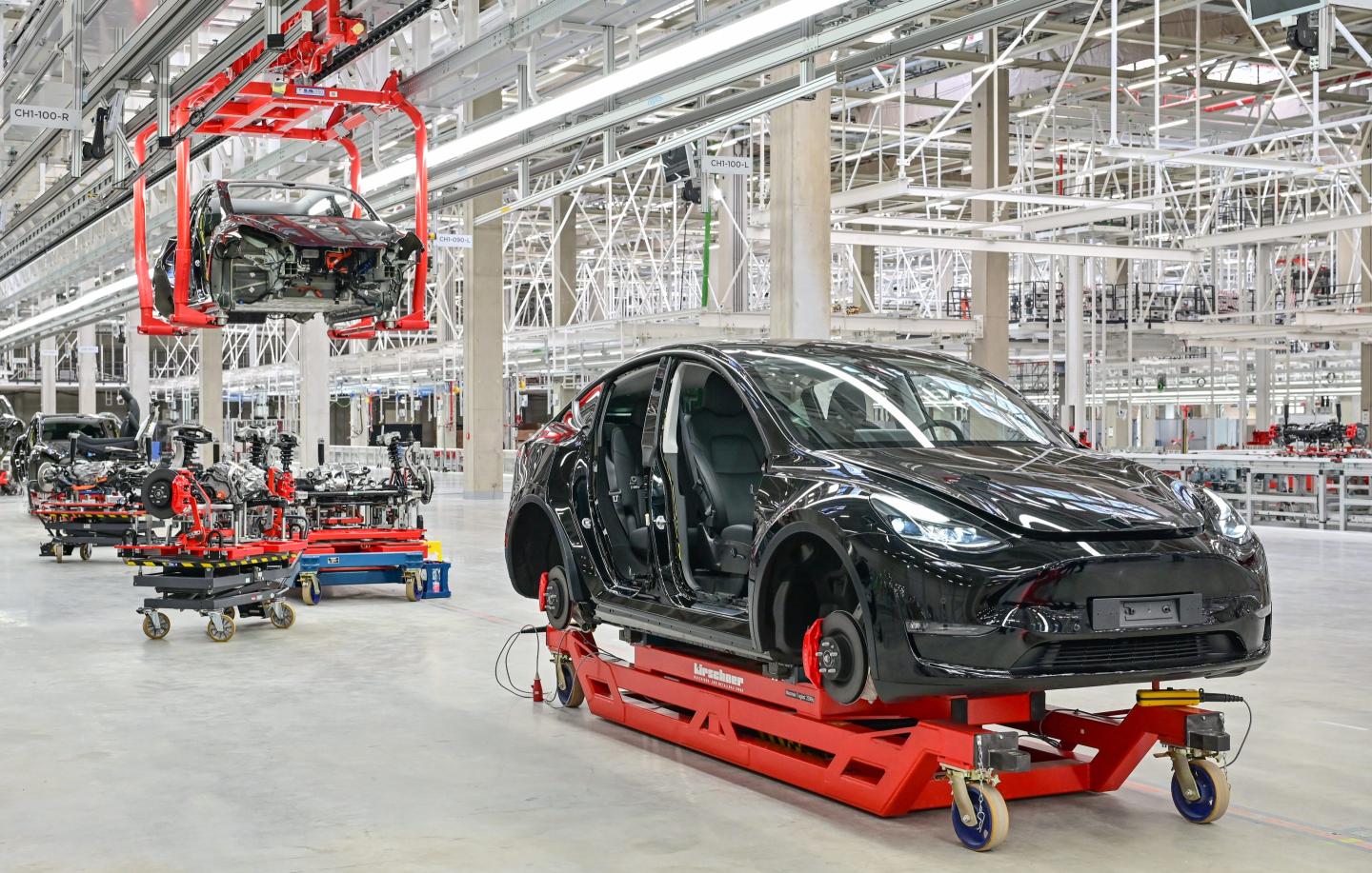 A Tesla vehicle being manufactured at Tesla Gigafactory in Berlin