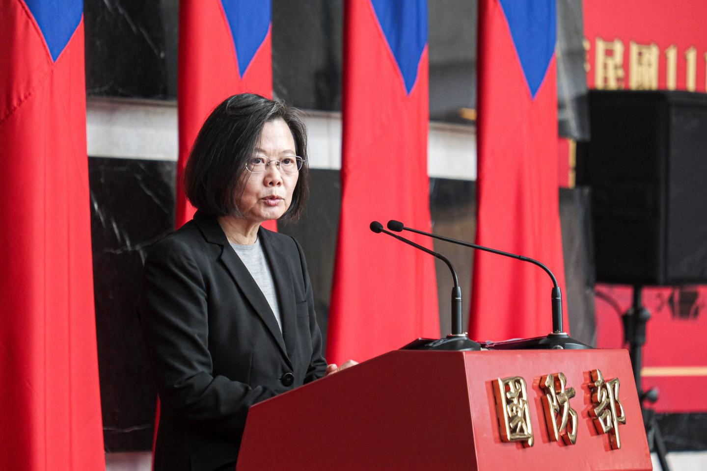Taiwan President Tsai Ing-wen gives her remarks during the promotion ceremony of generals and officers at the Taiwanese Ministry of National Defense in December 2021.
