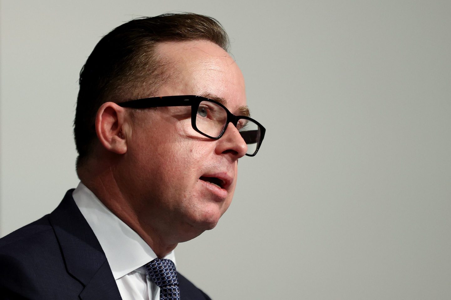 Alan Joyce, CEO of Qantas Airways, at a news conference in Sydney, Feb. 24, 2022.