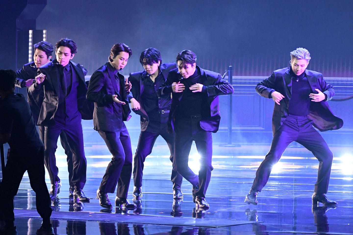Boyband BTS performs onstage during the 64th Annual Grammy Awards at the MGM Grand Garden Arena in Las Vegas on April 3, 2022.