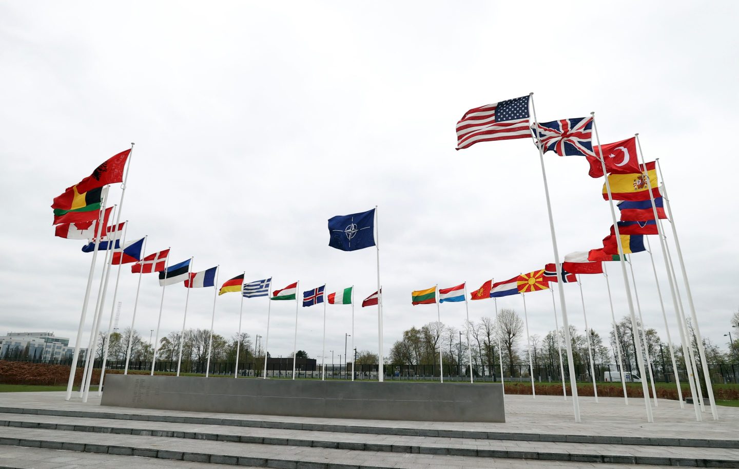 Flags of member countries at NATO headquarters, in Brussels, April 2022.