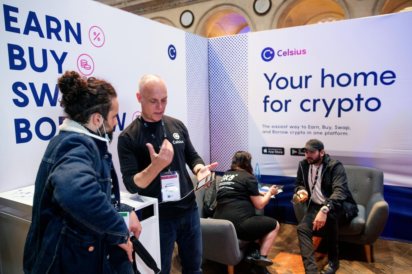 The booth of the Celsius Network crypto platform at the Paris NFT Day conference