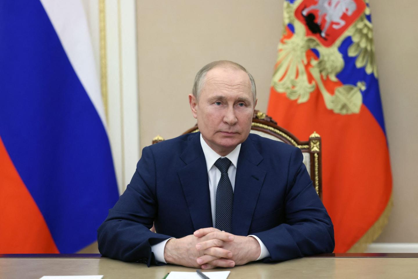 Photo of Russian president Vladimir Putin during a video meeting with Belarus on July 1, 2022.