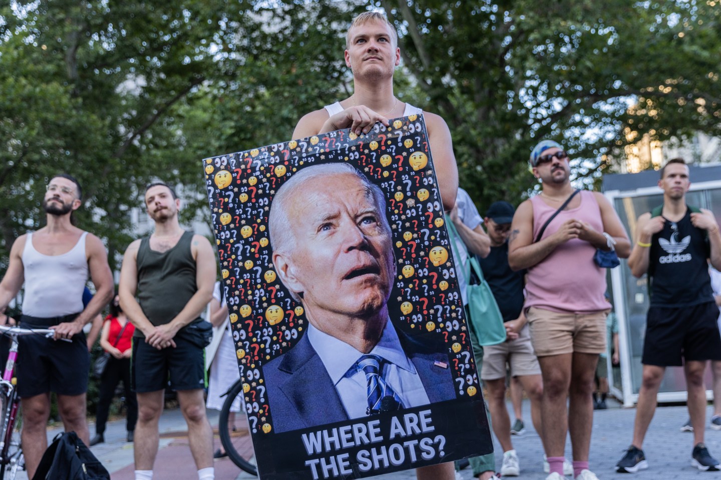 People protest during a rally calling for more government action to combat the spread of monkeypox on July 21 in New York City.