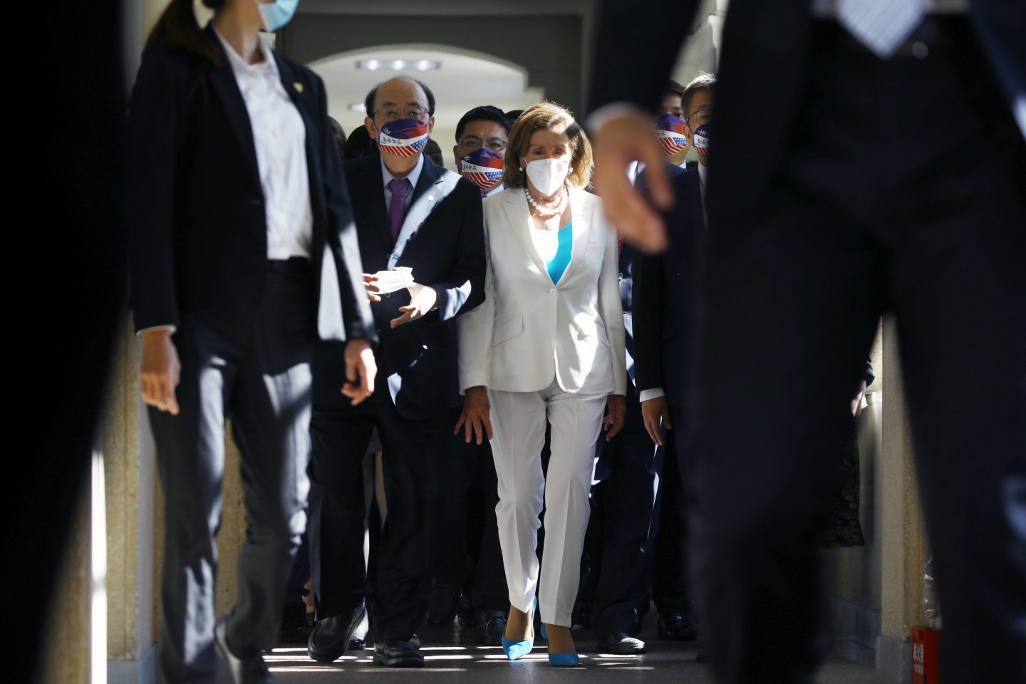 U.S. House Speaker Nancy Pelosi, center, arrives at the Legislative Yuan in Taipei, Taiwan, on Aug. 3, 2022.