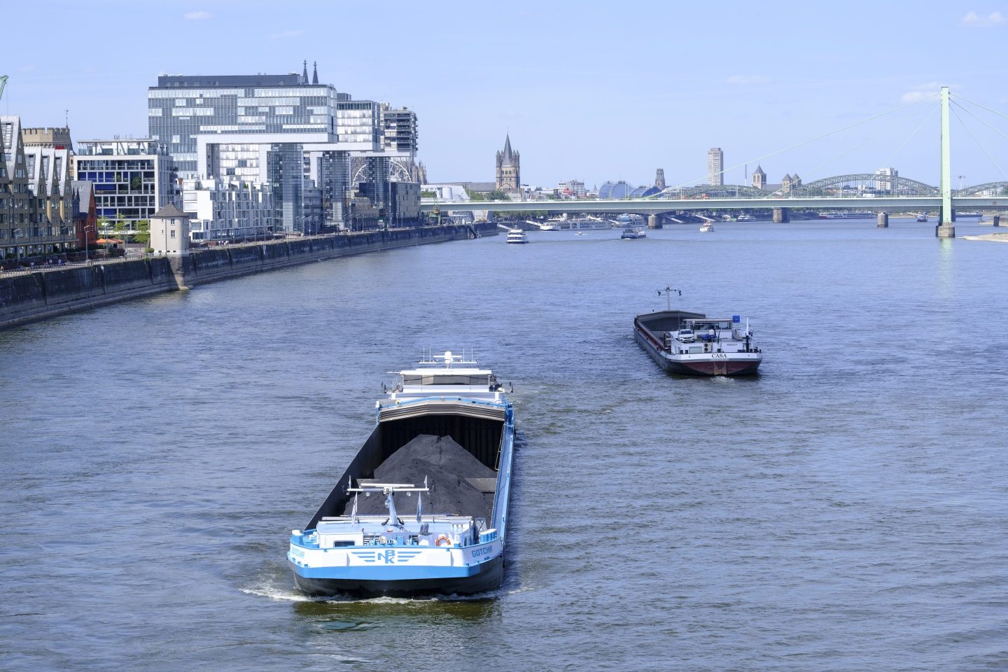 Cargo ships on the Rhine in Cologne, Germany, on Aug. 3, 2022.