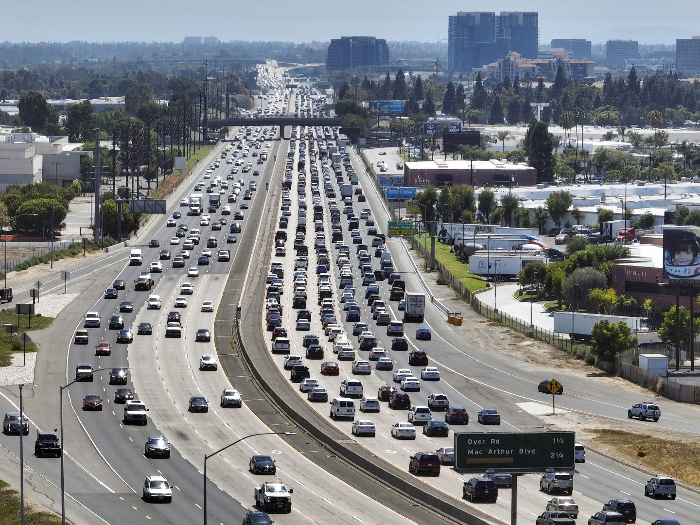 The 55 Freeway heads south from the 5 Freeway in Santa Ana, CA.
