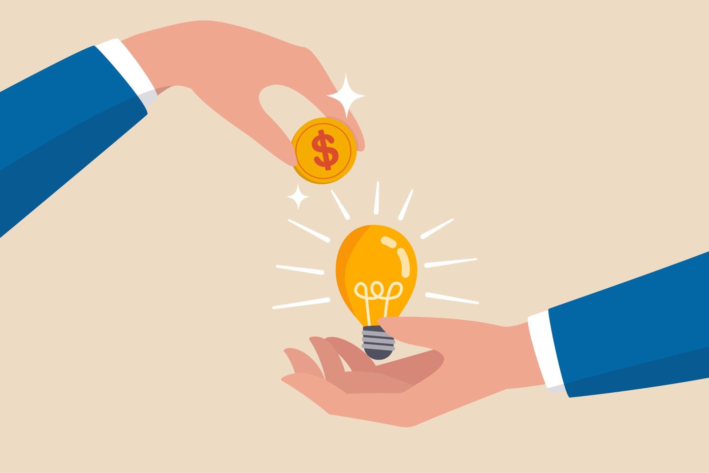 An illustration of two hands meeting in the middle, one is holding a coin with a dollar sign and the other is holding an illuminated bulb.
