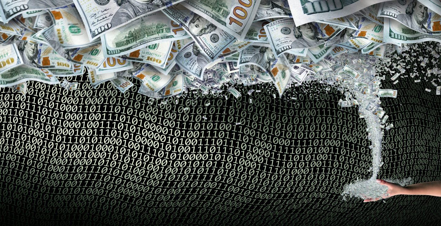 A tornado of hundred dollar bills is seen above computer code