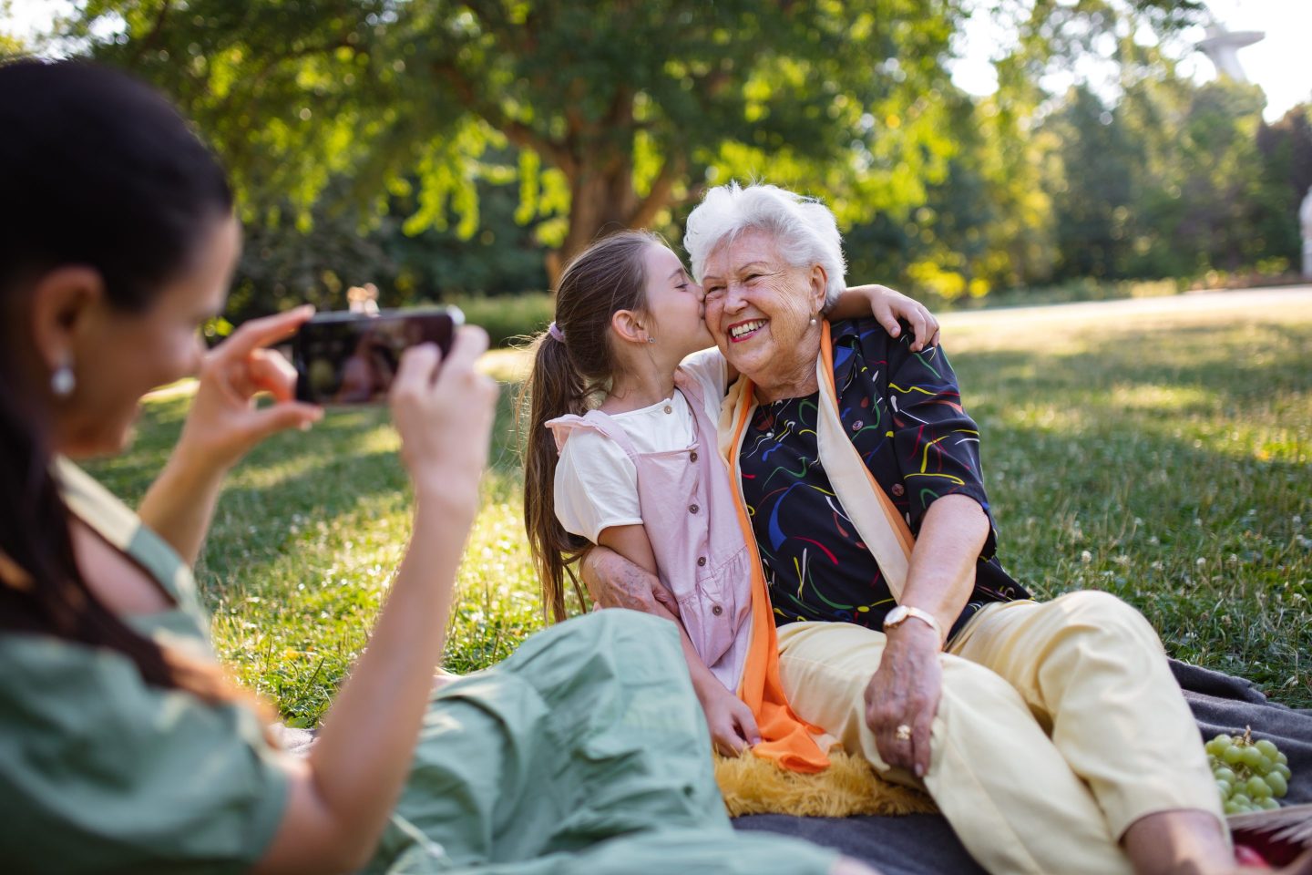 Small girl with mother and grandmother resting in a park, taking photographs.